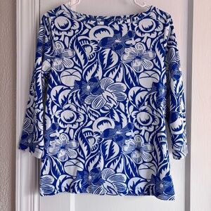 Talbots Blue and White Patterned Top Medium Petite